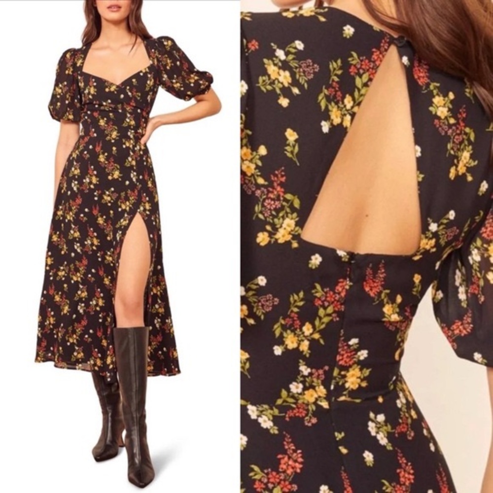 Reformation Wildflower Open Back Side Slit Dress in Vionette Print